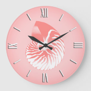 Grande Horloge Ronde Coquille de Nautilus - corail rose et blanc