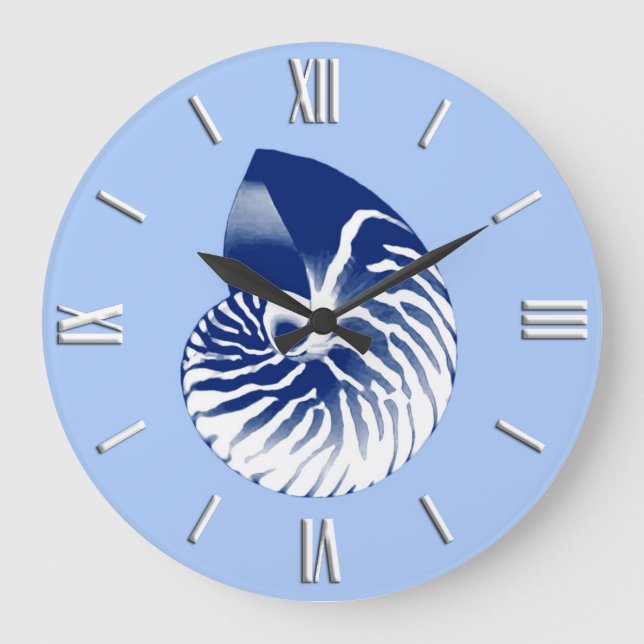 Grande Horloge Ronde Coquille de Nautilus - marine, blanc & bleu clair (Recto)