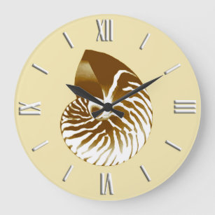 Grande Horloge Ronde Coquille de Nautilus - marron, blanc et beige