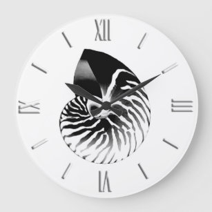Grande Horloge Ronde Coquille de Nautilus - noir, gris et blanc