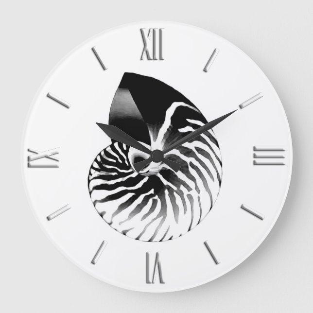 Grande Horloge Ronde Coquille de Nautilus - noir, gris et blanc (Recto)