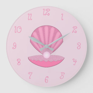 Grande Horloge Ronde Coquille d'huîtres pour fille rose et perle