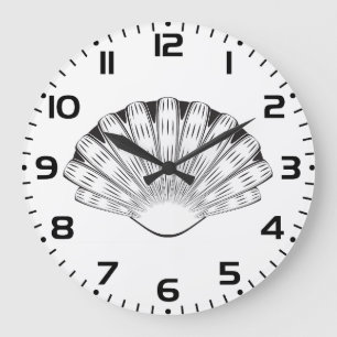 Grande Horloge Ronde Coquille Saint-Jacques Coquillage Minimaliste Noir