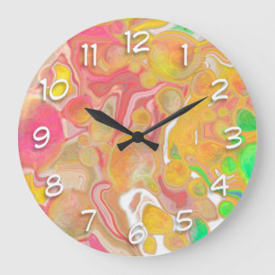 Grande Horloge Ronde Corail, Bleu, Vert, Rose Abstrait Fluide Art