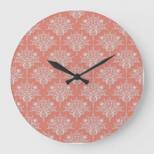 Grande Horloge Ronde Corail et blanc Élégant damas floral