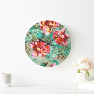 Grande Horloge Ronde Corail Floral Sarcelle - Coussin Bohème Vintage