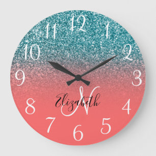 Grande Horloge Ronde Corail monogramme et Ombre Parties scintillant Tur