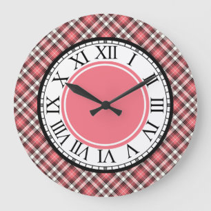 Grande Horloge Ronde Corail rose, noir et blanc plaid