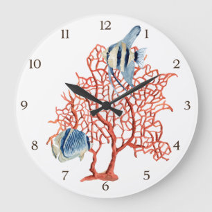 Grande Horloge Ronde Corail rouge avec les poissons tropicaux,