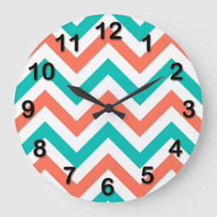 Grande Horloge Ronde Corail, sarcelle, motif zigzag chevron large blanc