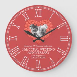 Grande Horloge Ronde Coral 35e anniversaire mariage photo personnalisée