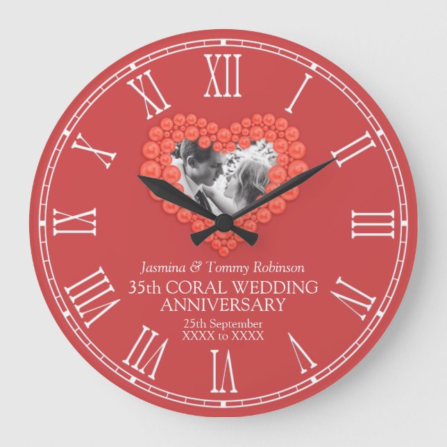 Grande Horloge Ronde Coral 35e anniversaire mariage photo personnalisée (Recto)