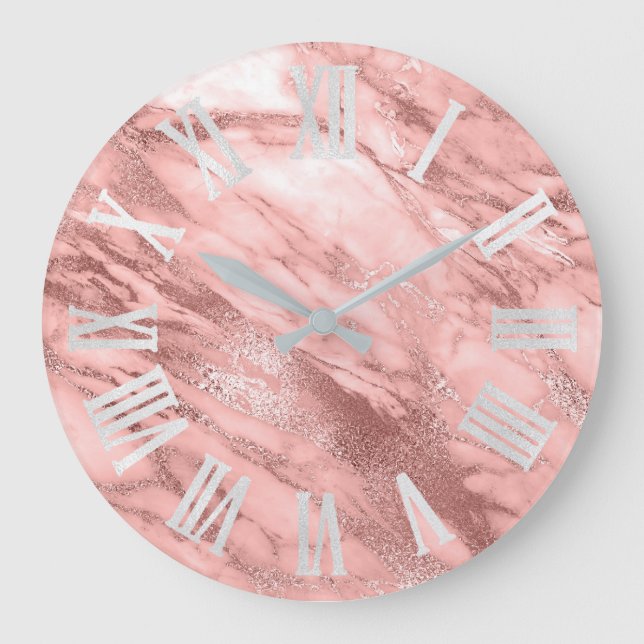 Grande Horloge Ronde Coral Blush Métallic Gris Argent Romain Numéros (Recto)