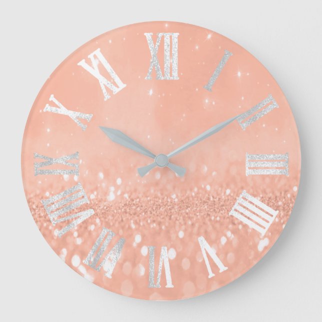 Grande Horloge Ronde Coral Peach Rose Glitter Metallic Roman Numers (Recto)