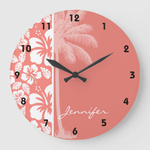 Grande Horloge Ronde Coral Pink Tropical Hibiscus; Summer Palm