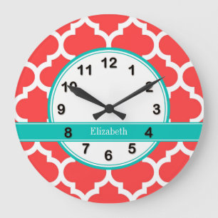 Grande Horloge Ronde Coral Red Wht Moroccan #5 Teal Name