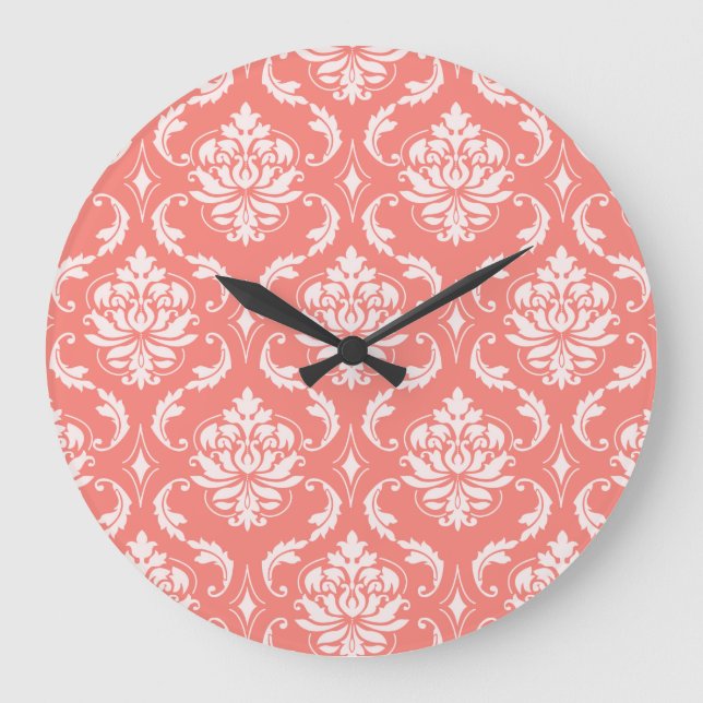 Grande Horloge Ronde Coral rose blanc classique Damas motif (Recto)