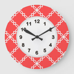 Grande Horloge Ronde Coral Rouge Blanc Grand Motif Quatrefoil Fantastiq
