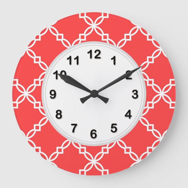 Grande Horloge Ronde Coral Rouge Blanc Grand Motif Quatrefoil Fantastiq (Recto)