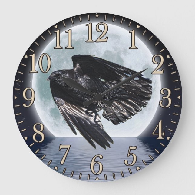 Grande Horloge Ronde Corbeau et Pleine lune noirs volants (Recto)