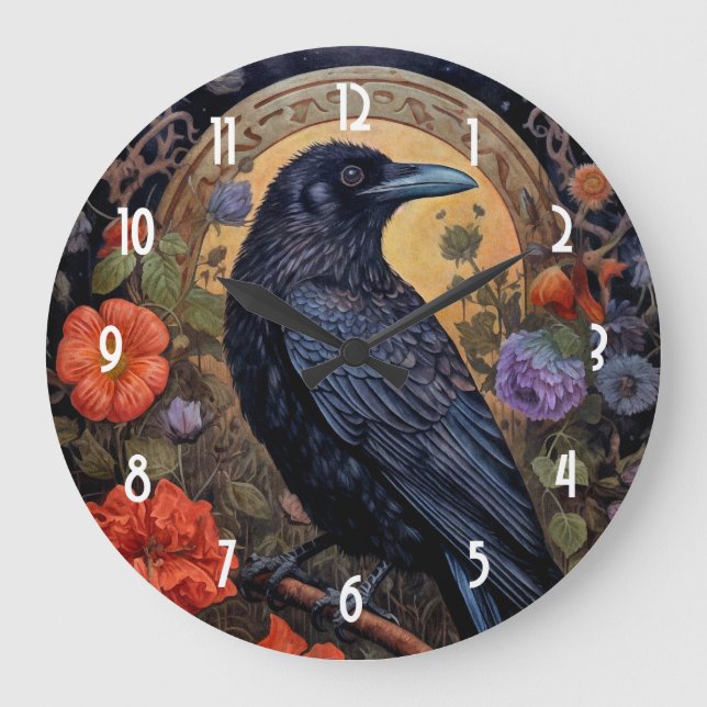 Grande Horloge Ronde Corbeau noir avec fleurs Design gothique (Recto)