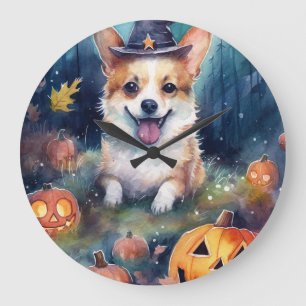 Grande Horloge Ronde Corgi d'Halloween avec la peur Citrouille