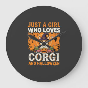 Grande Horloge Ronde Corgi Halloween Sorcière Fille Horreur Vintage