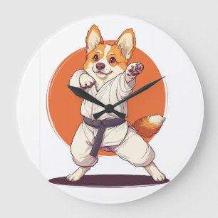 Grande Horloge Ronde Corgi Karaté � Chien d'Arts Martiaux