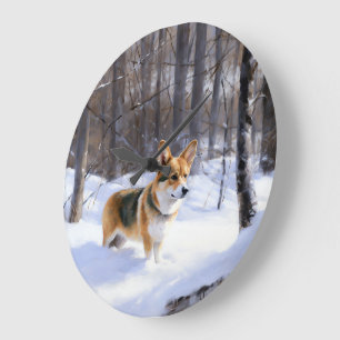Grande Horloge Ronde Corgi laisse neiger Noël