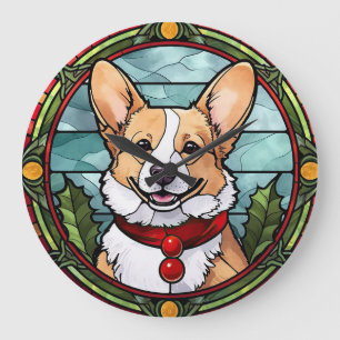Grande Horloge Ronde Corgi vitrail de Noël