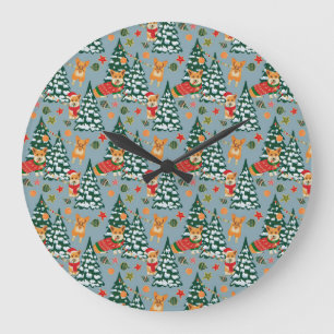 Grande Horloge Ronde Corgis décorent l'arbre de Noël en forêt