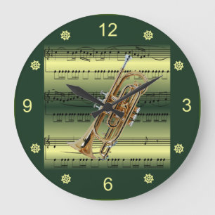 Grande Horloge Ronde Cornet~Partition laminée~Arrière - plan Or/Vert~
