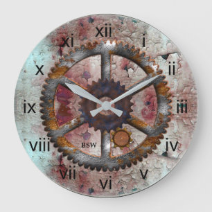 Grande Horloge Ronde Corroded Blue and Rust Steampunk Wall Clock