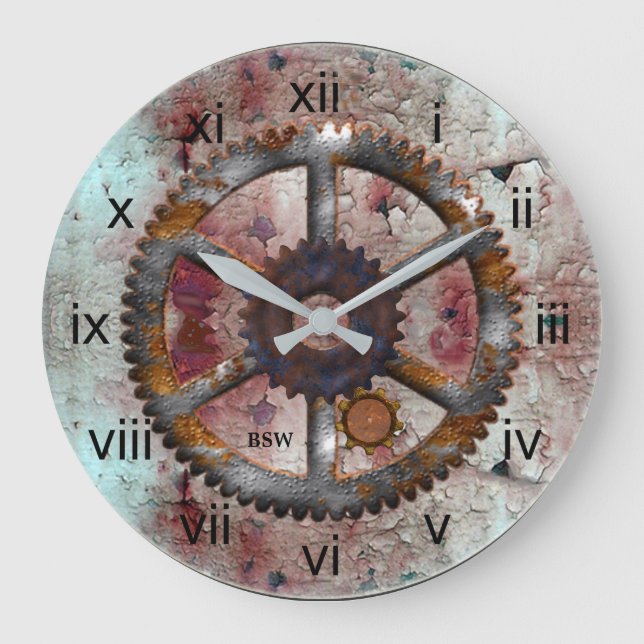 Grande Horloge Ronde Corroded Blue and Rust Steampunk Wall Clock (Recto)