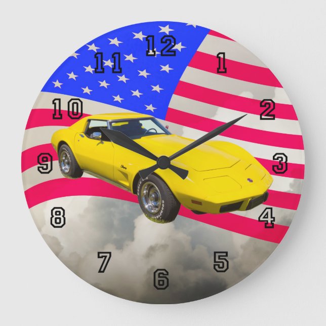Grande Horloge Ronde Corvette Stingray 1975 Avec Drapeau Américain (Recto)