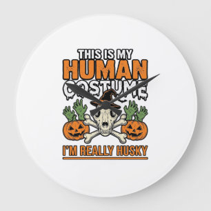 Grande Horloge Ronde Costume Humain Husky Drôle T-Shirt Halloween Chien
