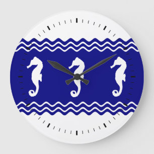 Grande Horloge Ronde Côte Blanc Bleu Bleu Océan Hippocampe