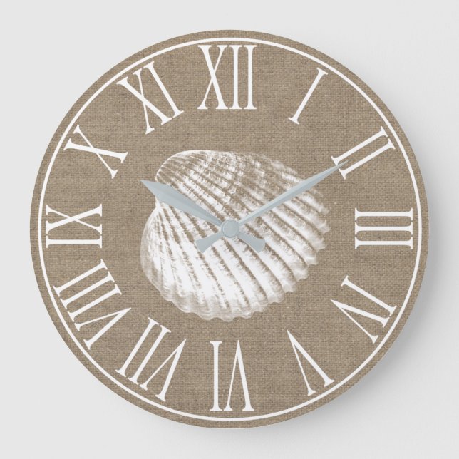 Grande Horloge Ronde Côte Elégante Faux Burlap & White Seashell (Recto)