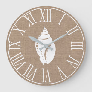 Grande Horloge Ronde Côte Elégante Faux Burlap & White Seashell