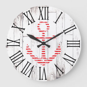 Grande Horloge Ronde Côtier rustique en bois blanc rouge d'Ancre