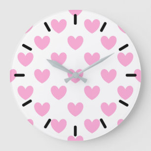 Grande Horloge Ronde Coton Candy Pink coeurs sur blanc