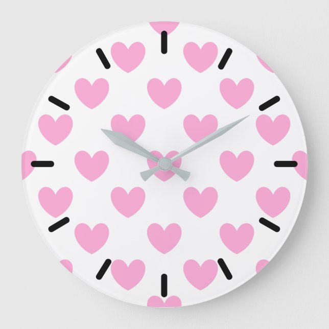Grande Horloge Ronde Coton Candy Pink coeurs sur blanc (Recto)