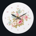 Grande Horloge Ronde Cottage anglais Roses roses roses Vintages<br><div class="desc">Magnifique amas de roses roses et marguerites avec fleurs sauvages bleus et feuillage de sauge. La couleur Arrière - plan peut être customisée. Inclut des chiffres personnalisables.</div>