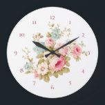 Grande Horloge Ronde Cottage anglais Roses roses roses Vintages<br><div class="desc">Magnifique amas de roses roses et marguerites avec fleurs sauvages bleus et feuillage de sauge. La couleur Arrière - plan peut être customisée. Inclut des chiffres personnalisables.</div>