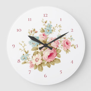 Grande Horloge Ronde Cottage anglais Roses roses roses Vintages