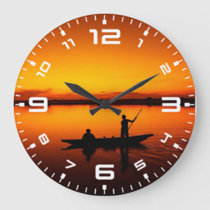 Grande Horloge Ronde Coucher de soleil, bateau d'aviron Silhouette-1649