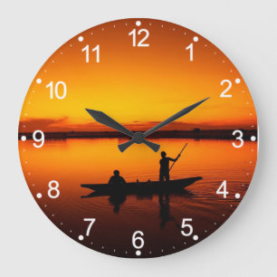 Grande Horloge Ronde Coucher de soleil, bateau d'aviron Silhouette-1649