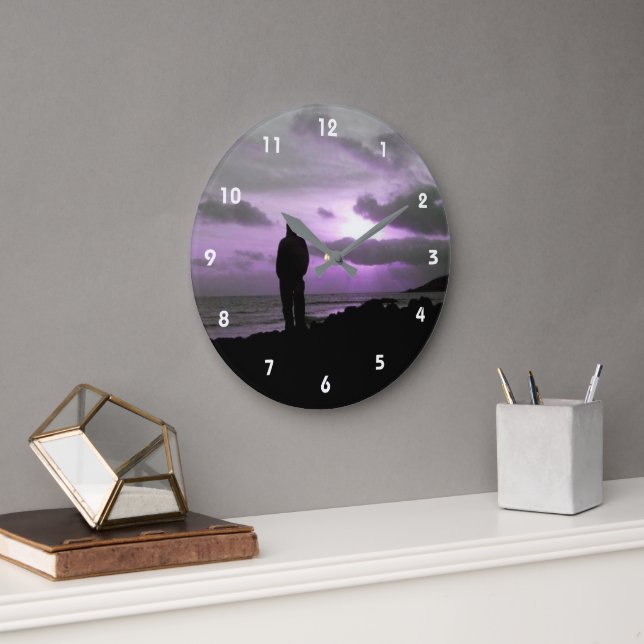 Grande Horloge Ronde Coucher de soleil et silhouette violette (Bureau)