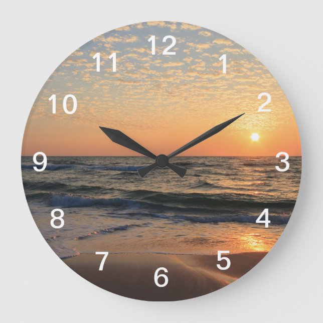 Grande Horloge Ronde Coucher de soleil, plage et nuages (Recto)