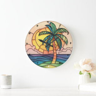 Grande Horloge Ronde Coucher de soleil tropical en verre de Pastel